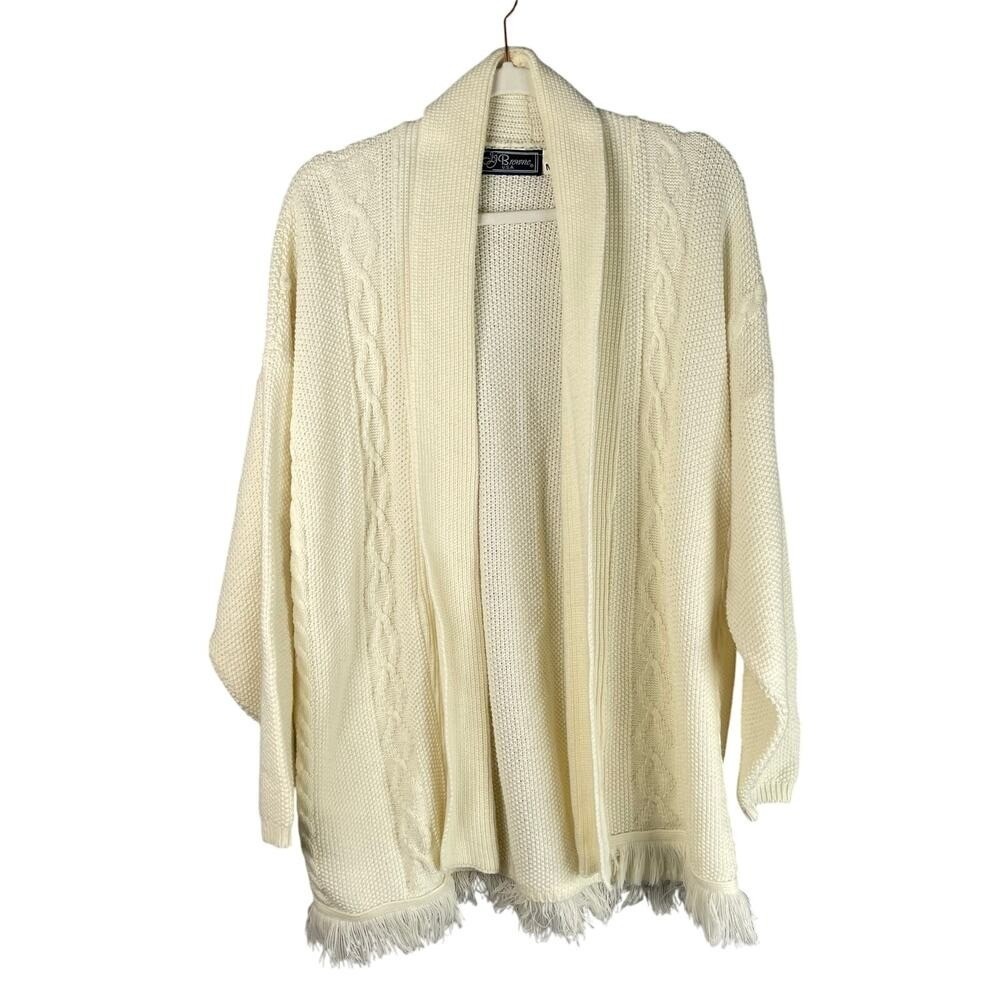 JJ Browne Cardigan Sweater Womens Medium‎ Ivory Textured Cableknit Fringe USA